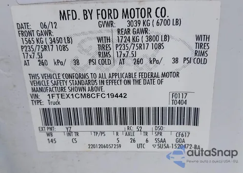 2012 Ford F-150 Xl из США, поврежденный, VIN 1FTEX1CM8CFC19442